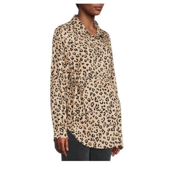 Time and Tru Maternity Woven Pintuck Blouse Top Leopard Cuffed Sleeves Small 4-6 - Picture 1 of 6